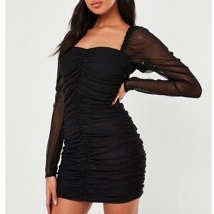 MISSGUIDED | Black Ruched Mesh Long Sleeve Mini Dress Sz 12
